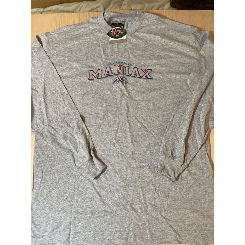 XFL Memphis maniax gray long sleeve T-shirt 2xl Embroidered Lettering NOS‎
